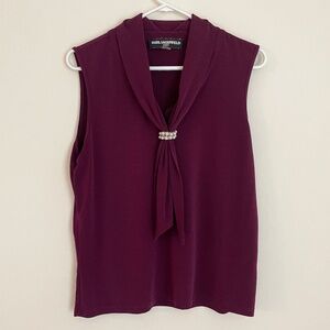 Women's Karl Lagerfeld Dark Burgundy Cowel Neck Top with Pearl Bead Tie Size Med